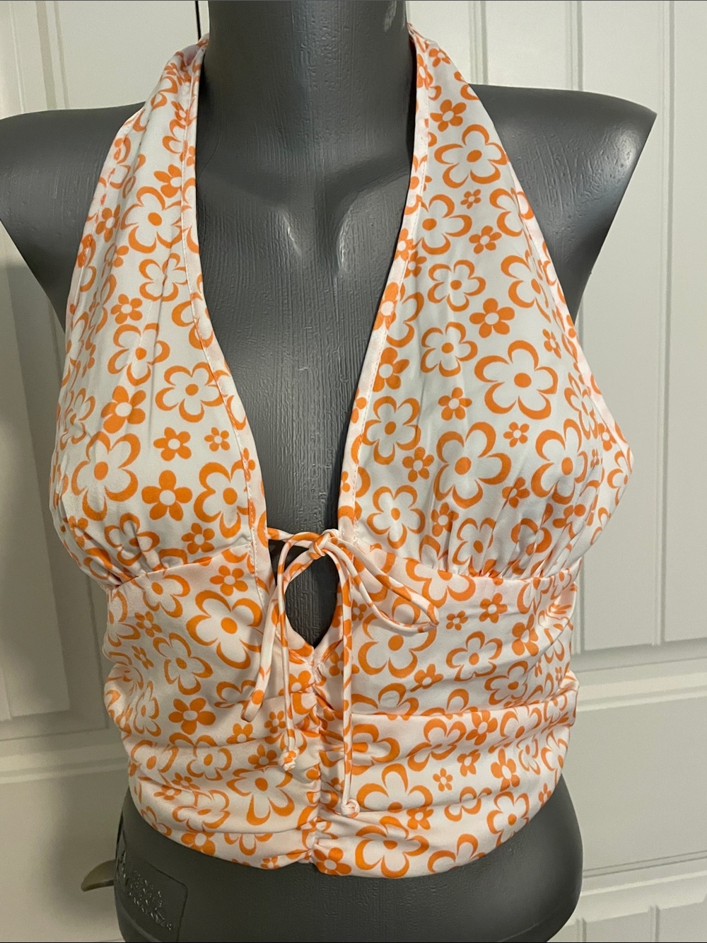 Cotton Candy Orange Floral Halter Tie-Front Crop Top